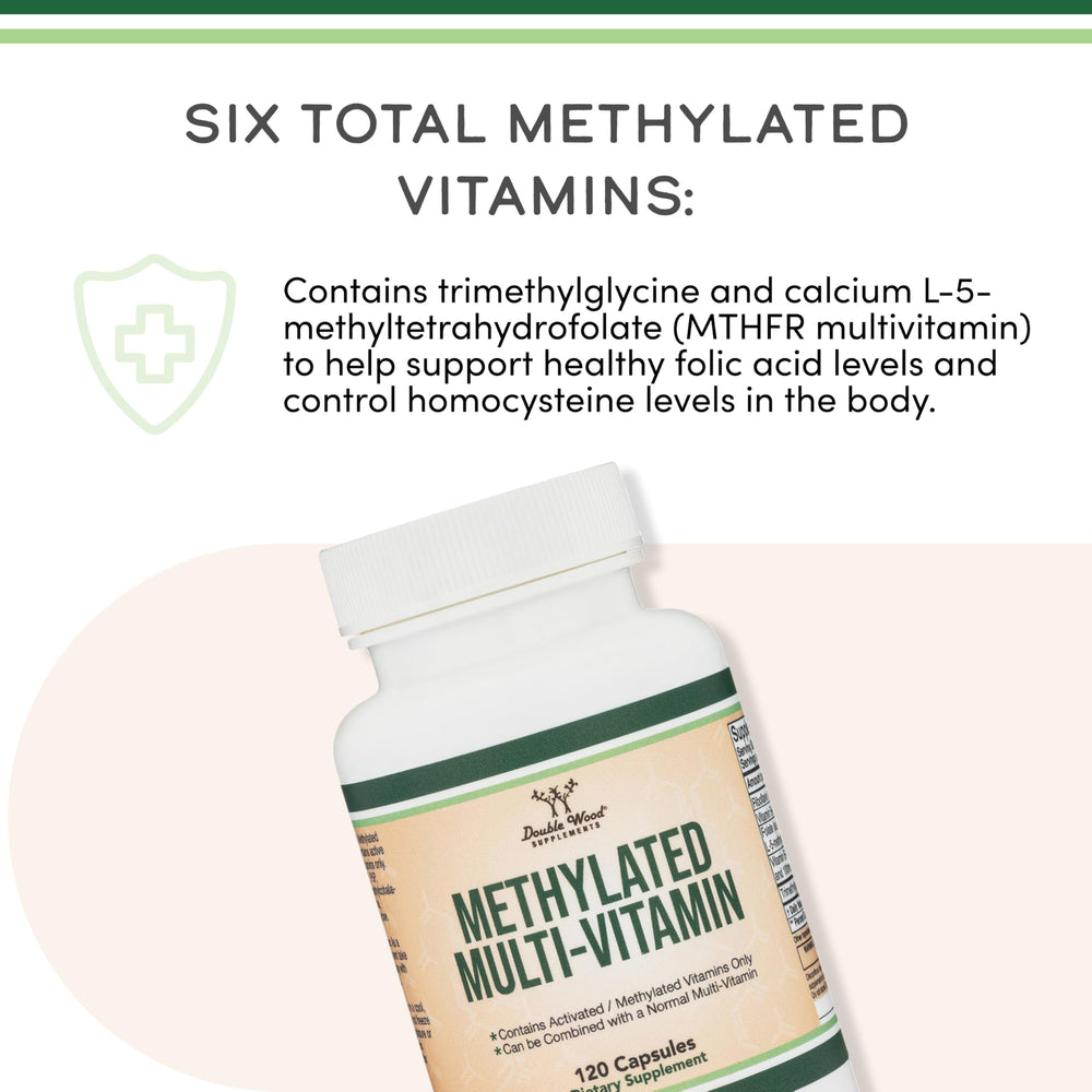 Double Wood ingredients panel detailing methylated vitamins for quick bioavailability