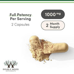 Double Wood Mushroom Complex bottle side view highlights supplement variety.