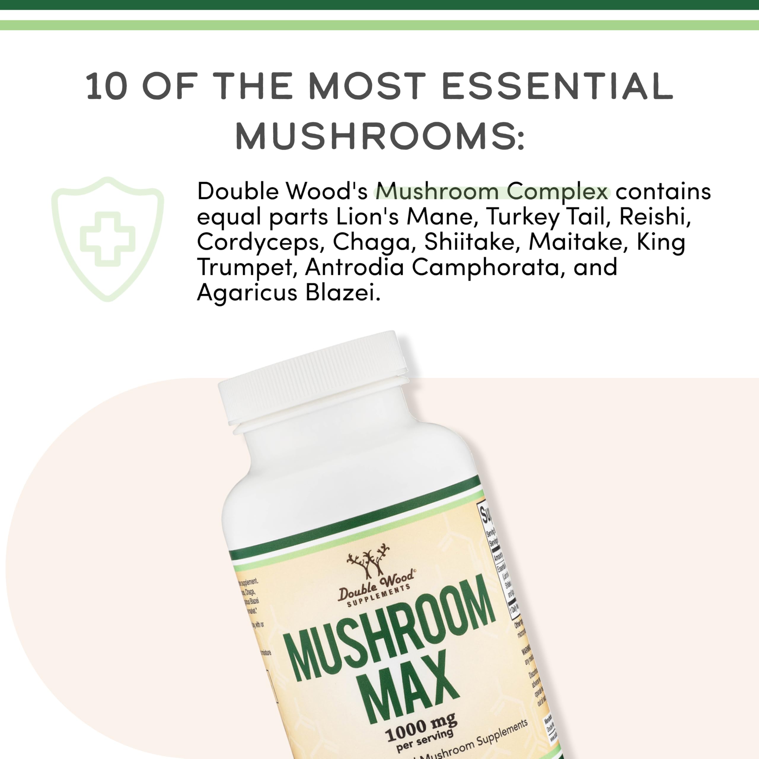 Double Wood Mushroom Complex immunity graphic suggests potential daily wellness benefits.
