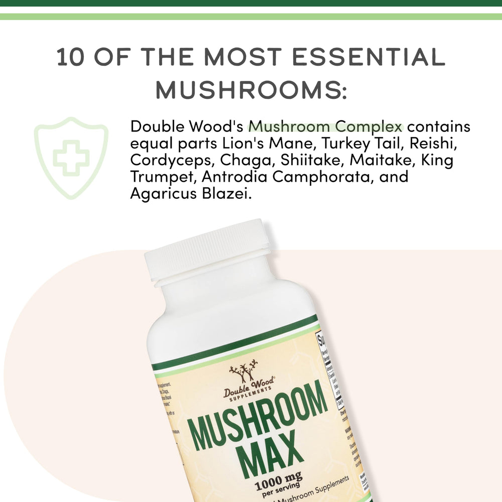 Double Wood Mushroom Complex immunity graphic suggests potential daily wellness benefits.