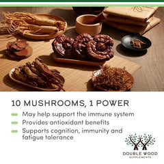 Double Wood Mushroom Complex ingredients label reveals ten mushroom varieties.