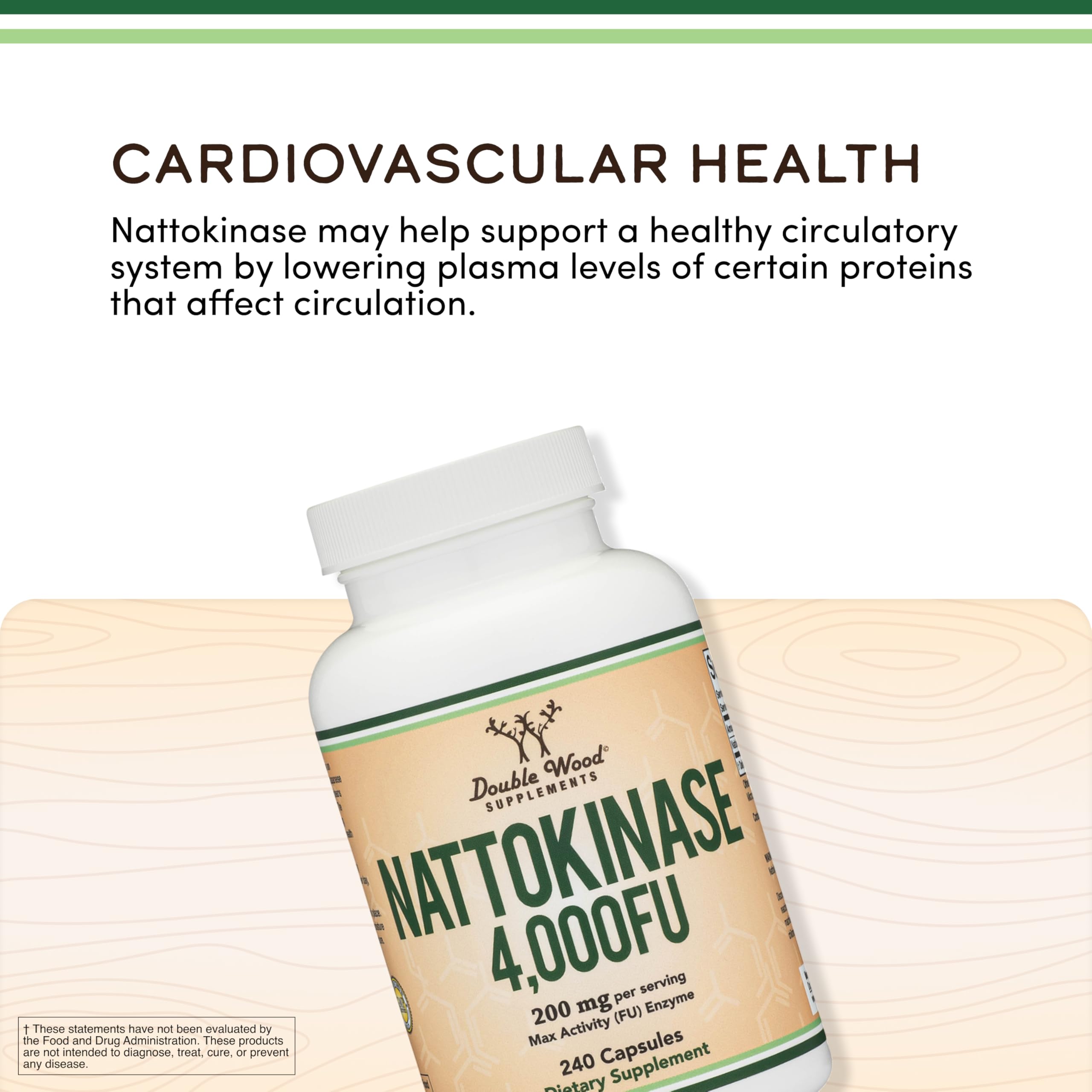 Double Wood Nattokinase ingredients panel emphasizing USA manufacturing.