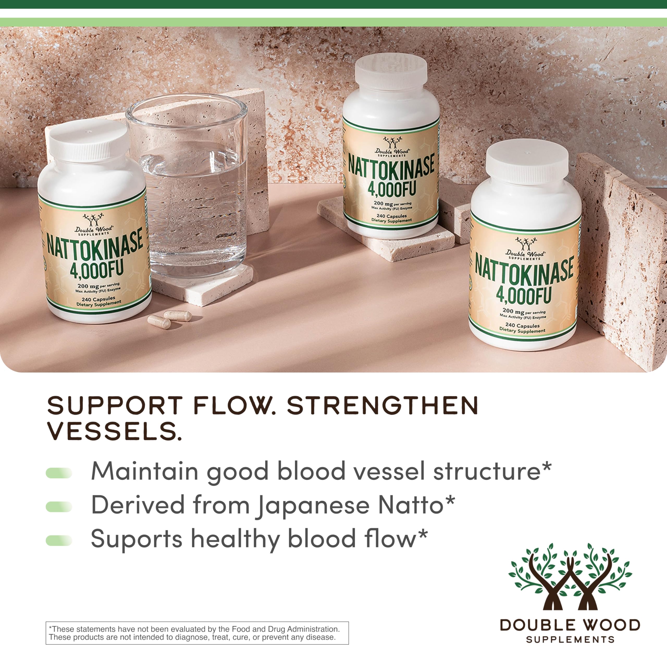Double Wood Nattokinase label close-up highlighting natto-derived origin.