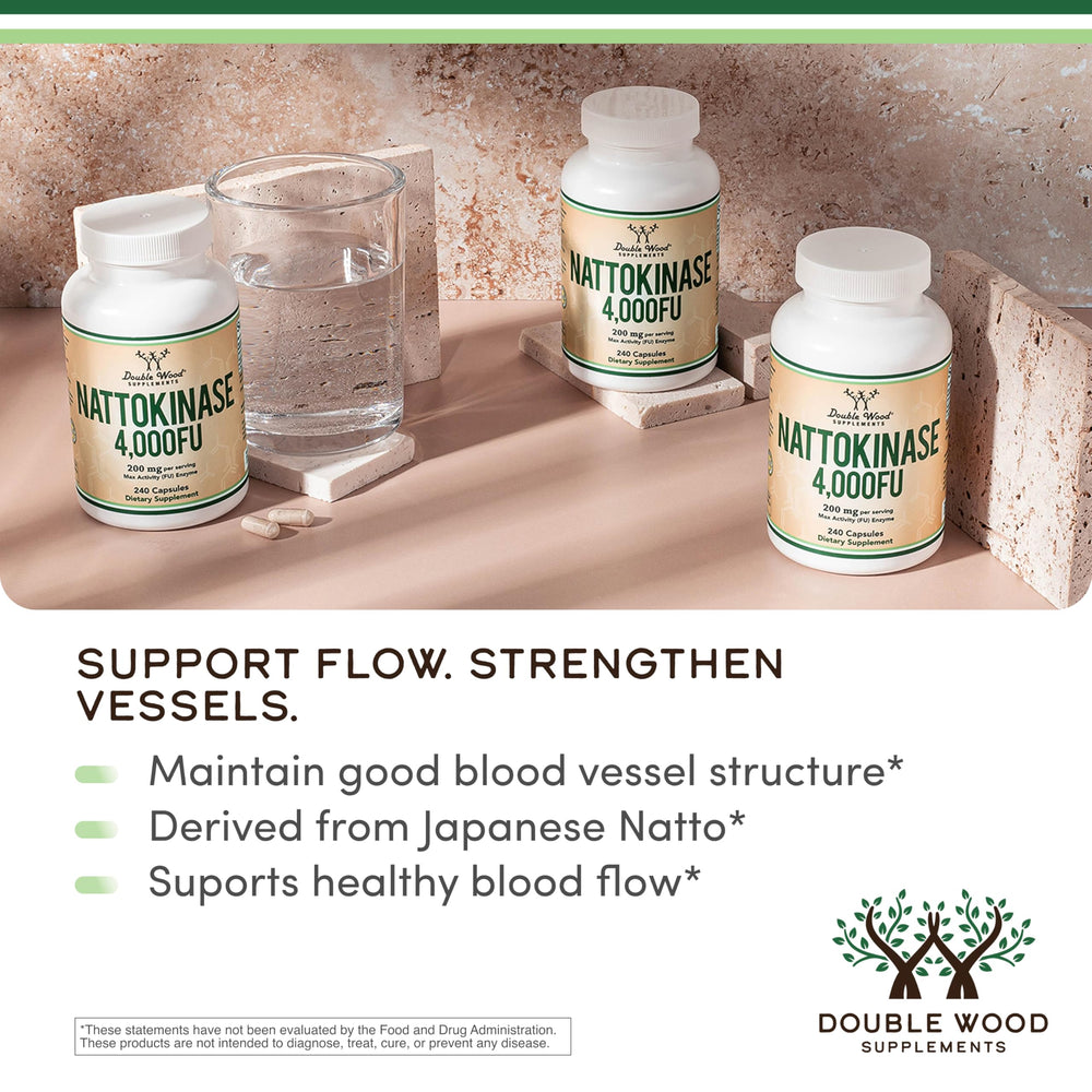 Double Wood Nattokinase label close-up highlighting natto-derived origin.