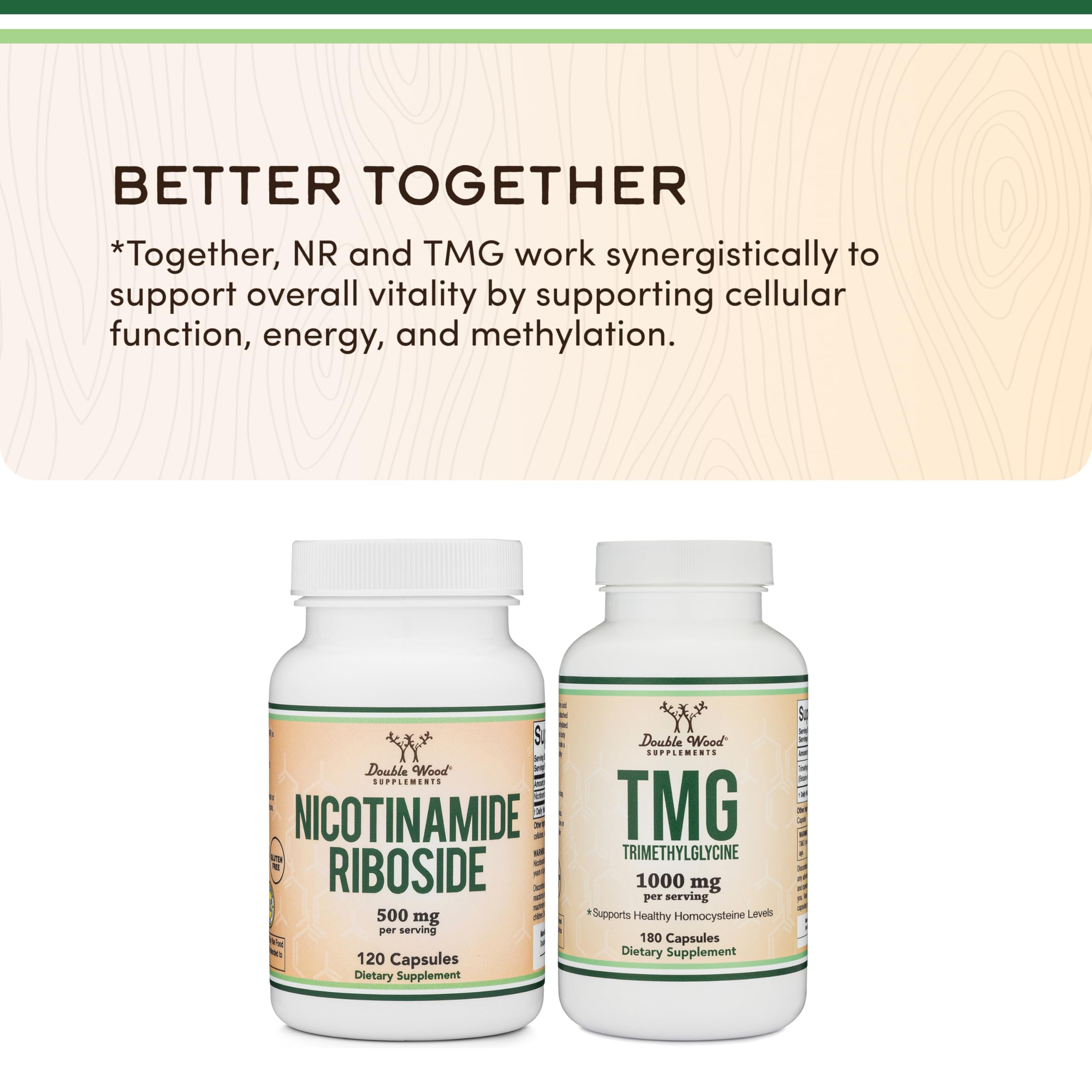 Double Wood Nicotinamide Riboside bottle on desk in a health-focused setting.