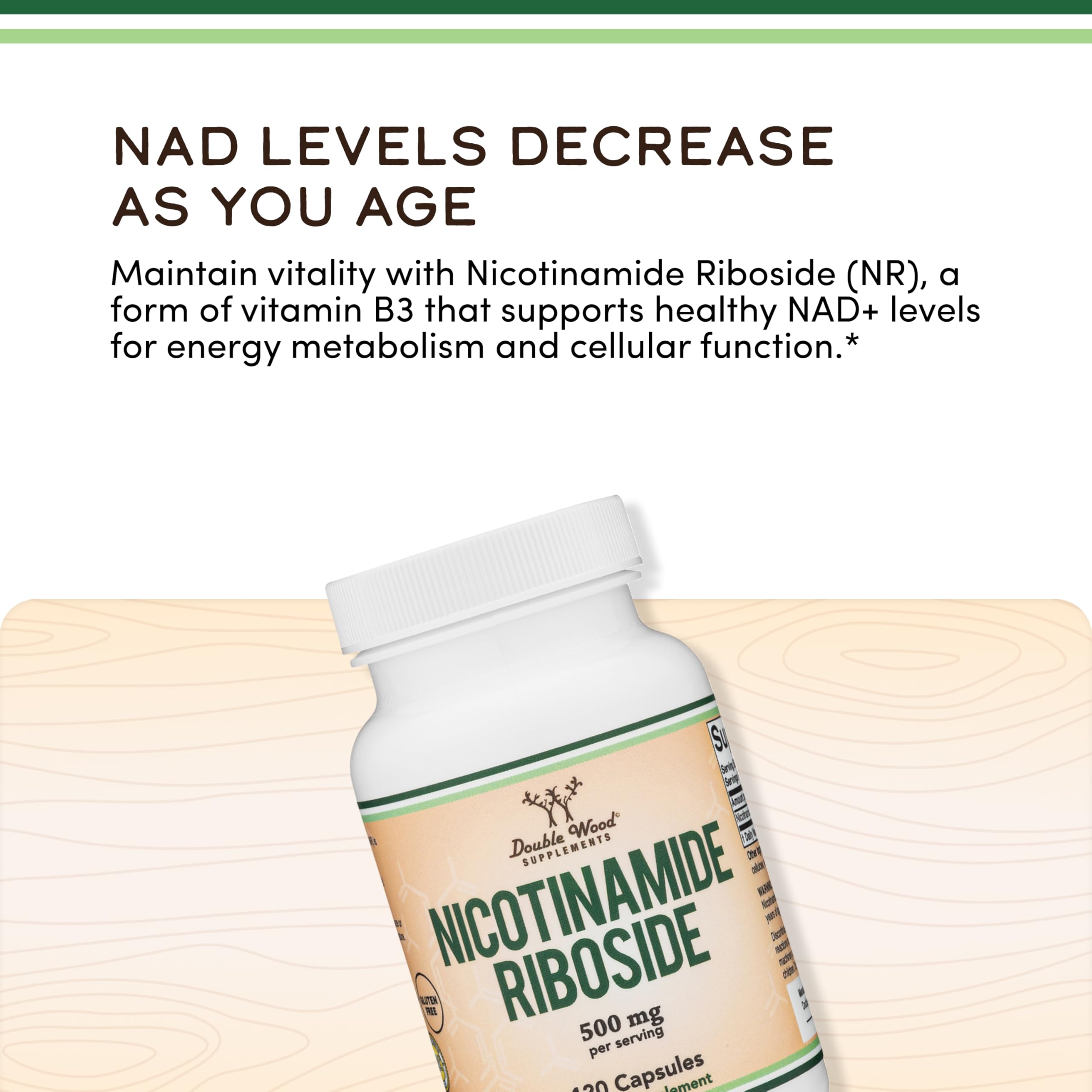 Double Wood Nicotinamide Riboside bottle pour captures simple dosage on the go.