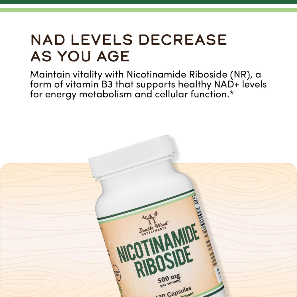 Double Wood Nicotinamide Riboside bottle pour captures simple dosage on the go.