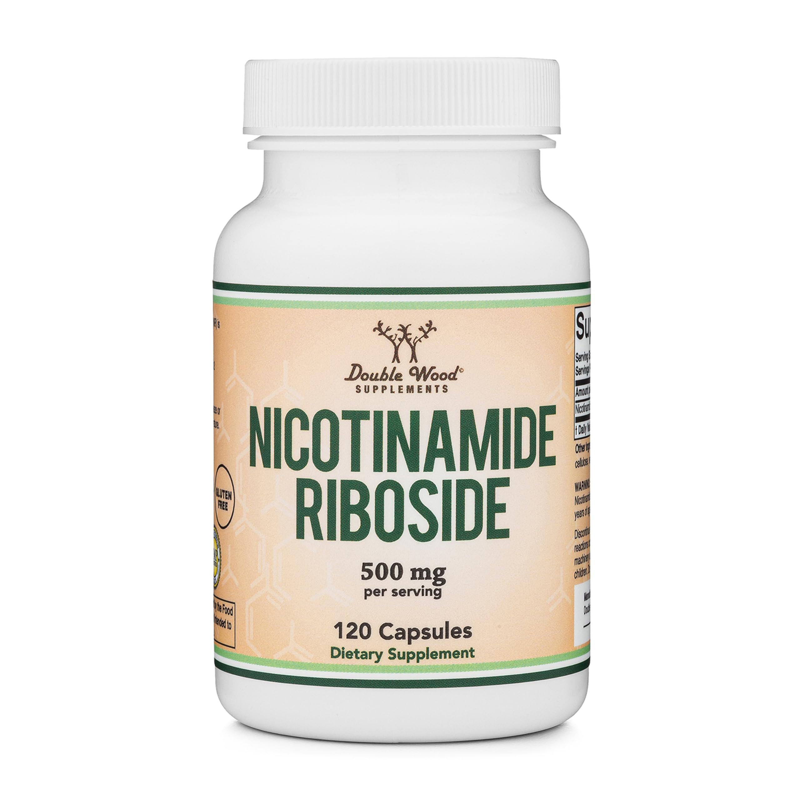 Double Wood Nicotinamide Riboside bottle promoting daily wellness and NAD+ support.
