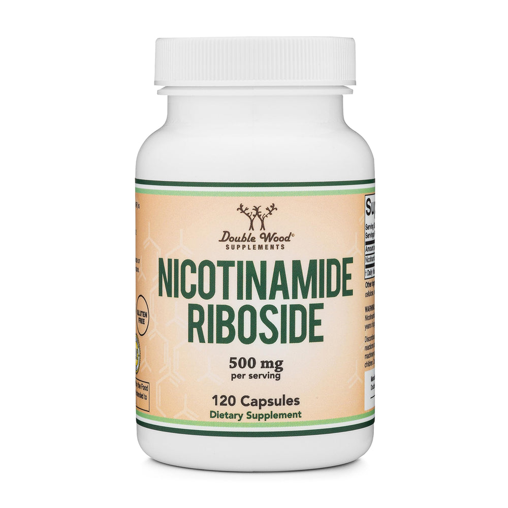 Double Wood Nicotinamide Riboside bottle promoting daily wellness and NAD+ support.