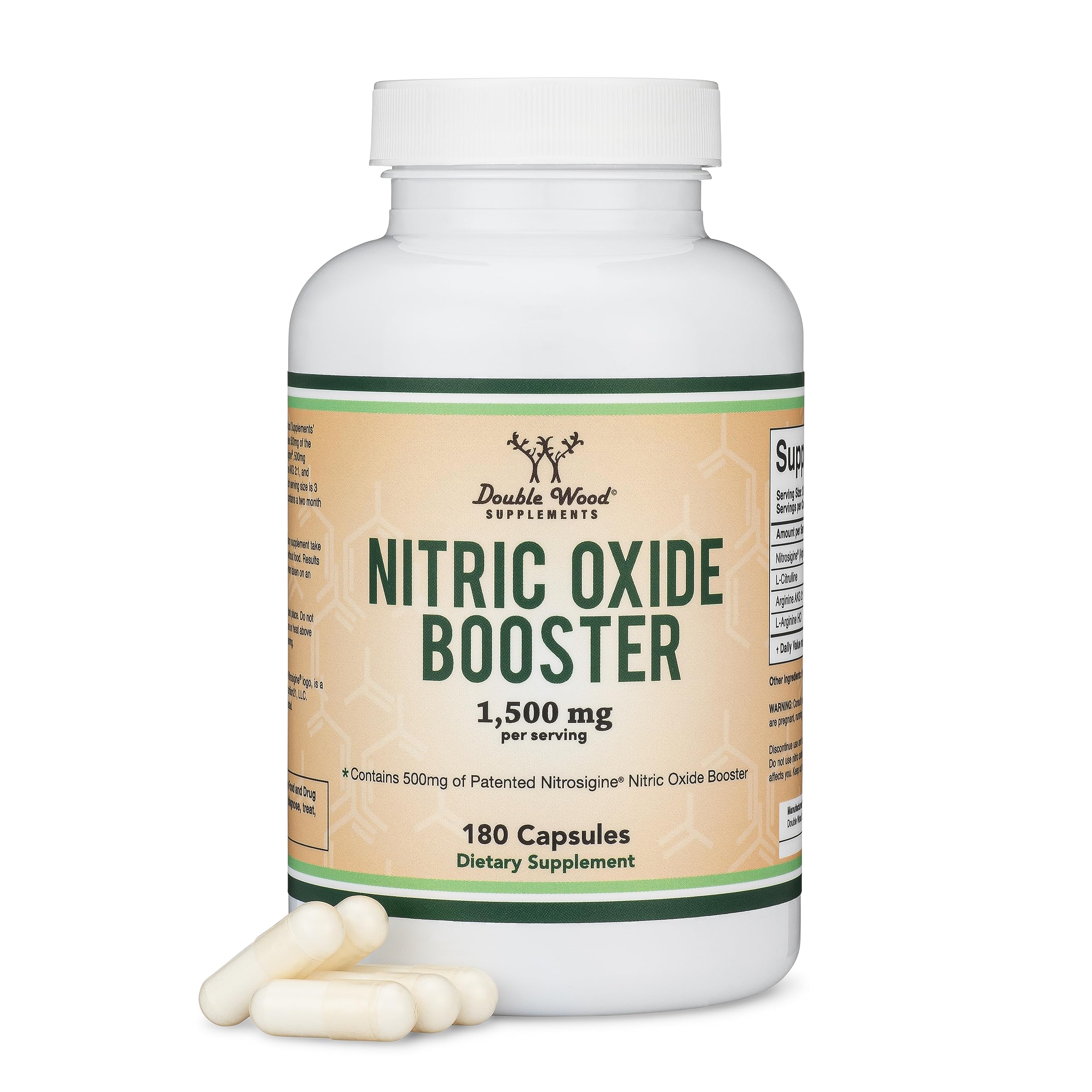 Double Wood Nitric Oxide bottle front shows branding and a potential pre-workout support