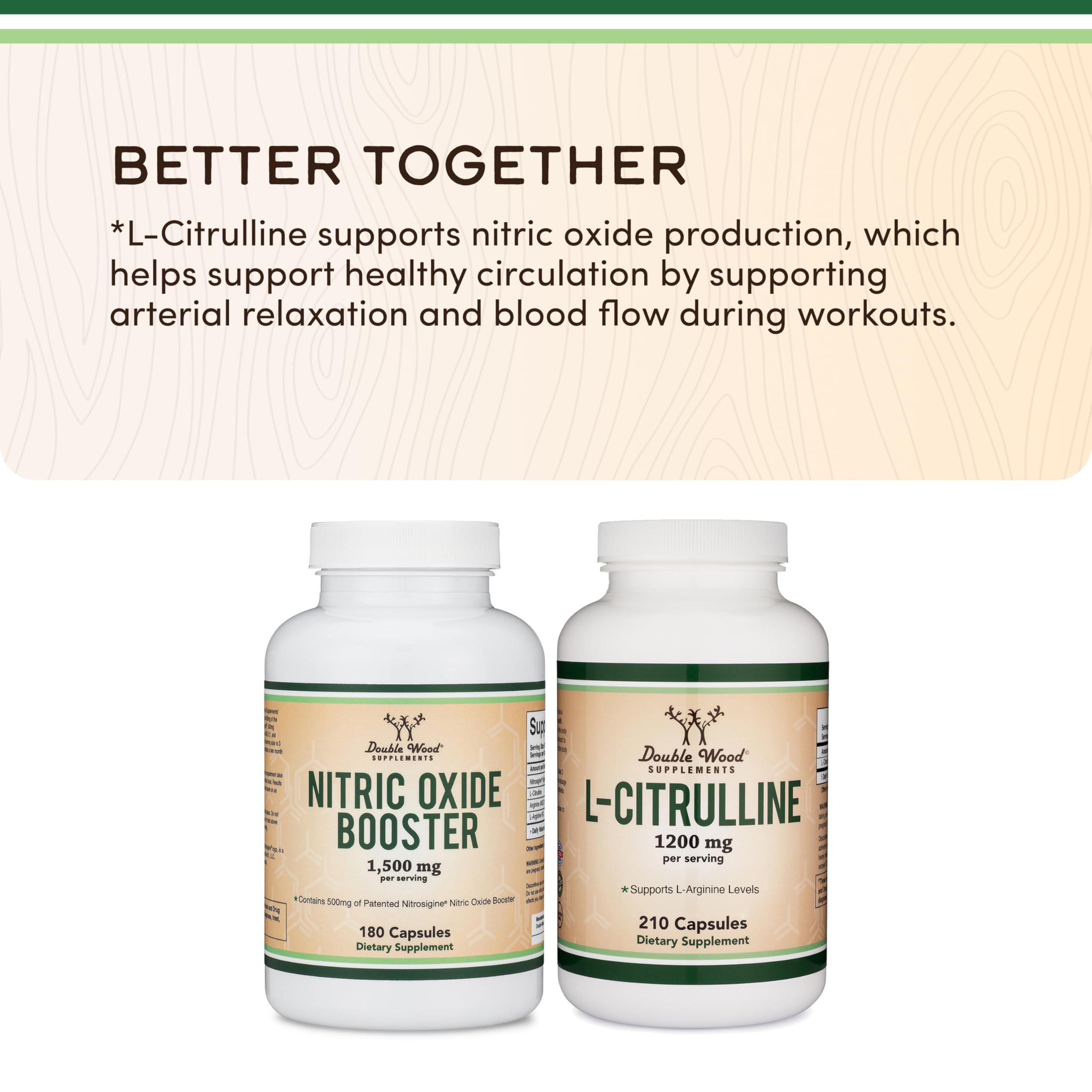 Double Wood Nitric Oxide bottle on shelf communicates quality and US manufacturing