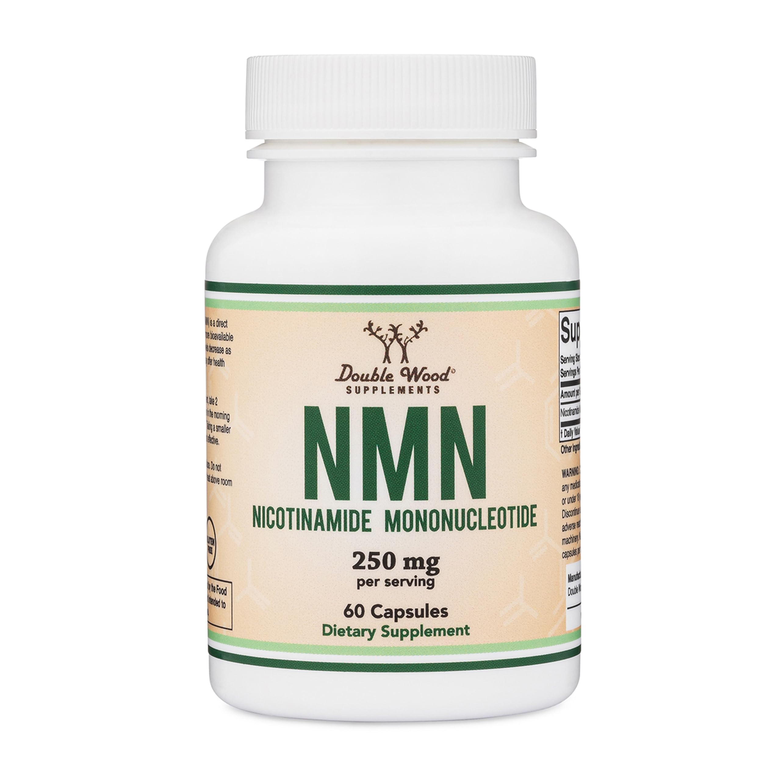 Double Wood NMN 250mg bottle close-up showing capsules for daily use.