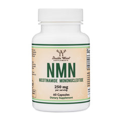 Double Wood NMN 250mg bottle close-up showing capsules for daily use.