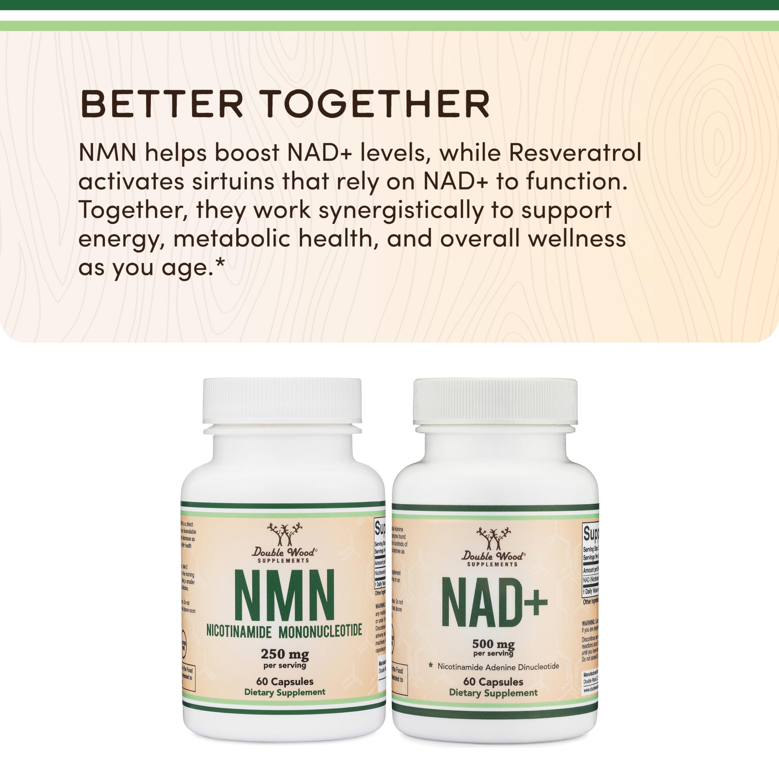 Double Wood NMN gluten-free badge indicating allergen-friendly option.