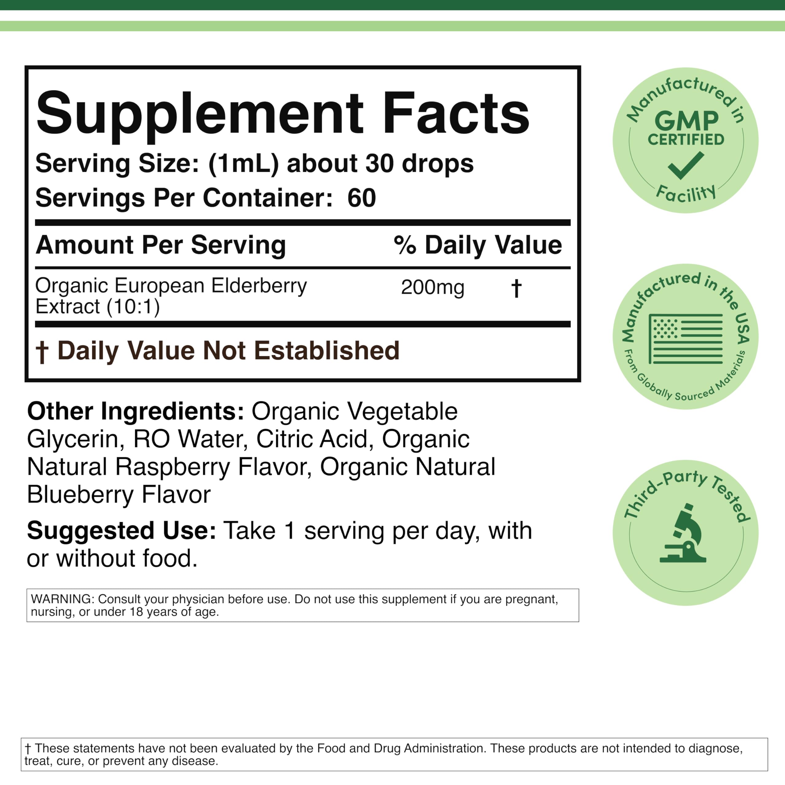 Double Wood Organic Elderberry Liquid label highlighting organic European elderberry for wellness.