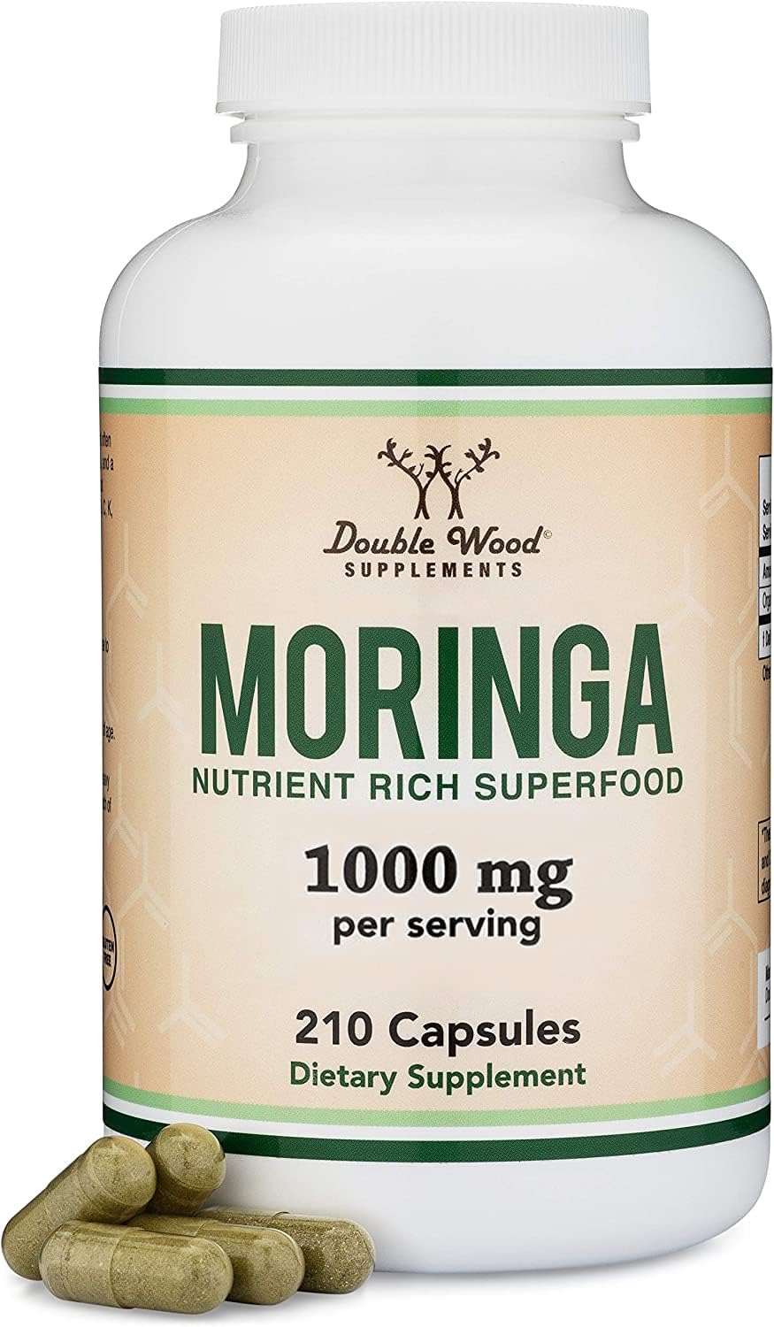 Double Wood Organic Moringa Capsules bottle shows 1000mg formula for daily energy support