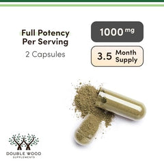 Double Wood moringa capsules closeup highlights antioxidant-rich greens for wellness