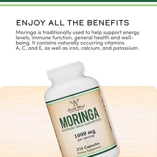 Double Wood moringa label detail emphasizes organic, non-GMO quality and purity