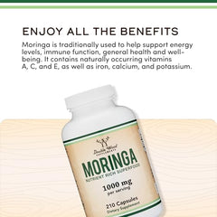 Double Wood moringa label detail emphasizes organic, non-GMO quality and purity