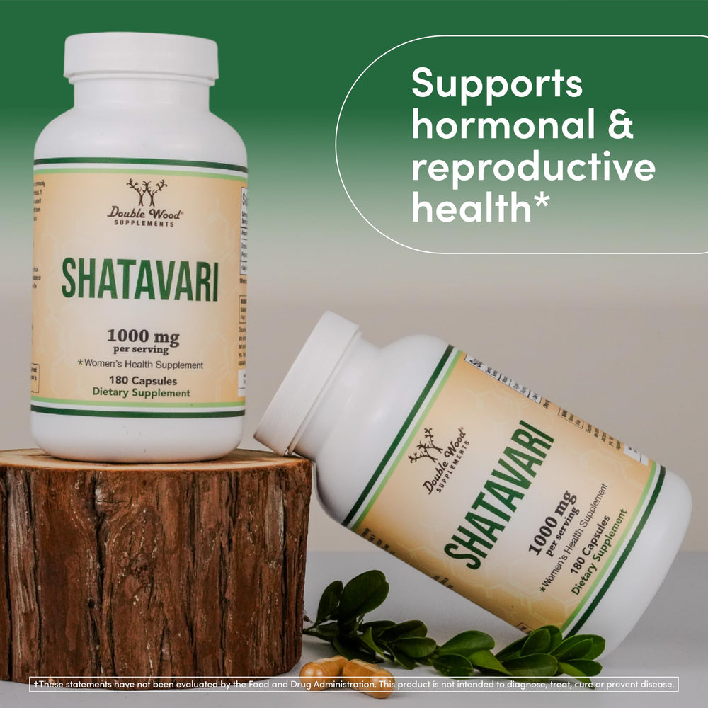 Double Wood Organic Shatavari bottle open showing capsules ready for serving