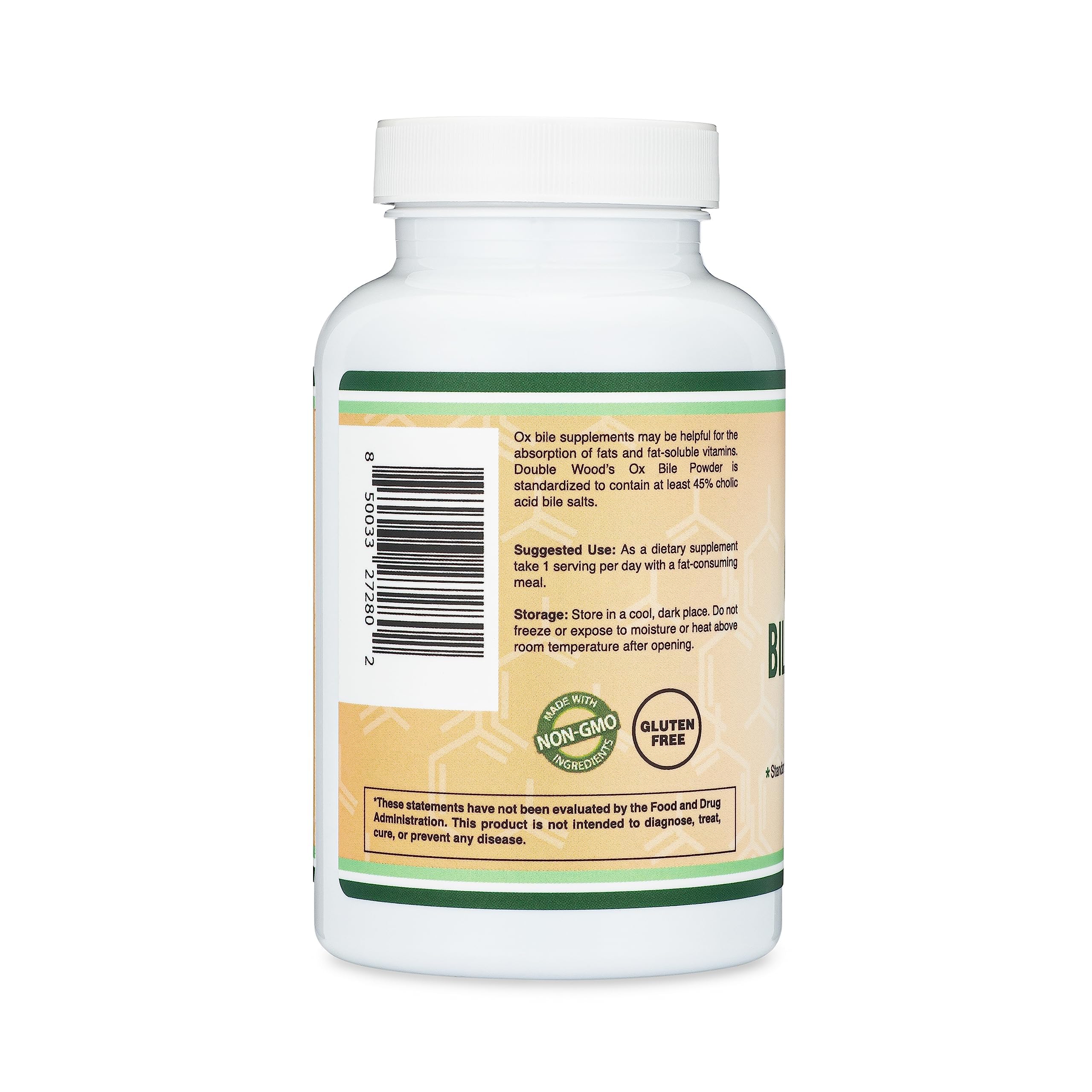 Double Wood Ox Bile bottle side label highlights two-month supply.