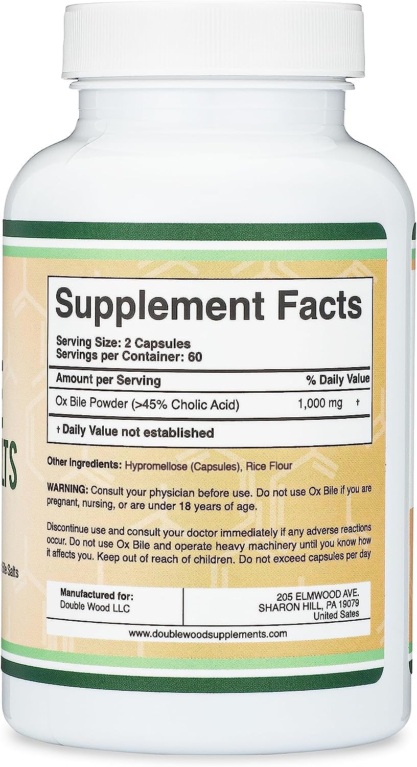 Double Wood Ox Bile capsules 500 mg each for convenient dosing.
