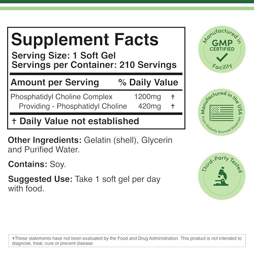 Double Wood Phosphatidylcholine bottle side view highlighting non GMO and gluten free notes.
