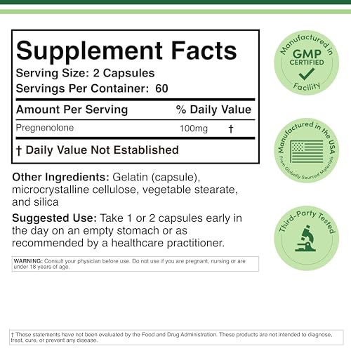 Close-up of Pregnenolone capsules highlighting non-GMO formula.