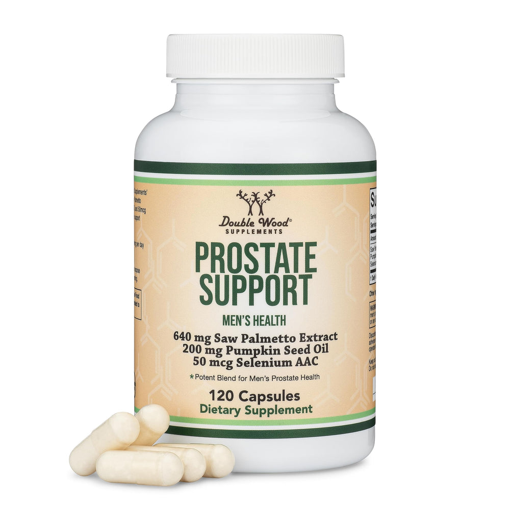 Double Wood Prostate Support bottle label with one daily capsule for urinary comfort