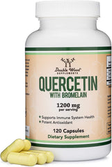 Double Wood Quercetin-Bromelain bottle shown, supporting vegan immune health with flavonoid blend.