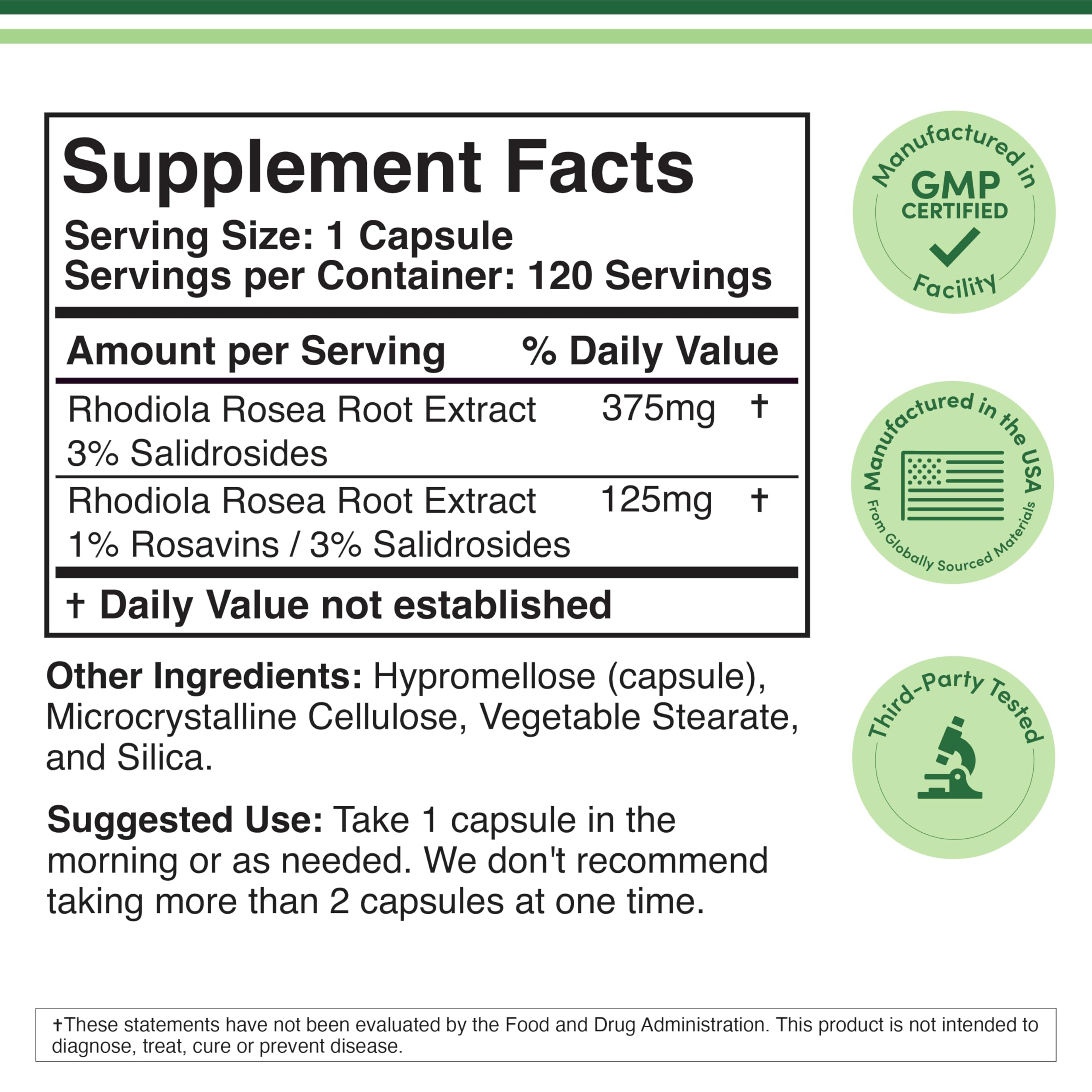 Double Wood Rhodiola Rosea 500mg bottle back label shows ingredients.