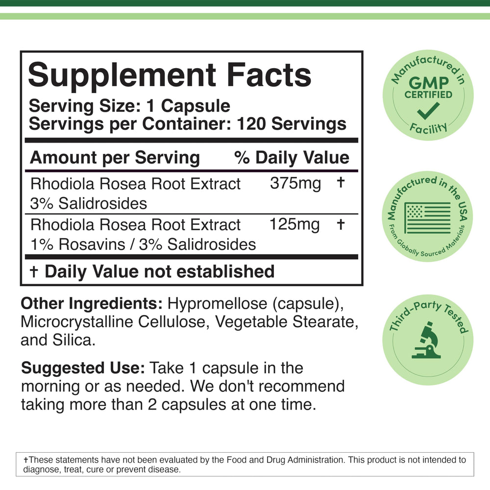 Double Wood Rhodiola Rosea 500mg bottle back label shows ingredients.