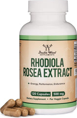 Double Wood Rhodiola Rosea 500mg bottle front for daily focus support.