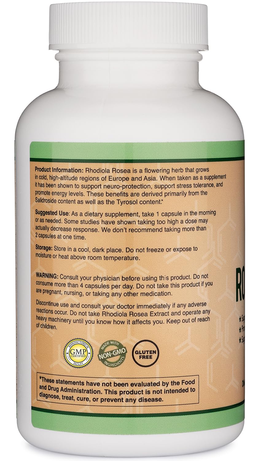 Double Wood Rhodiola Rosea 500mg packaging close-up with third-party test seal.