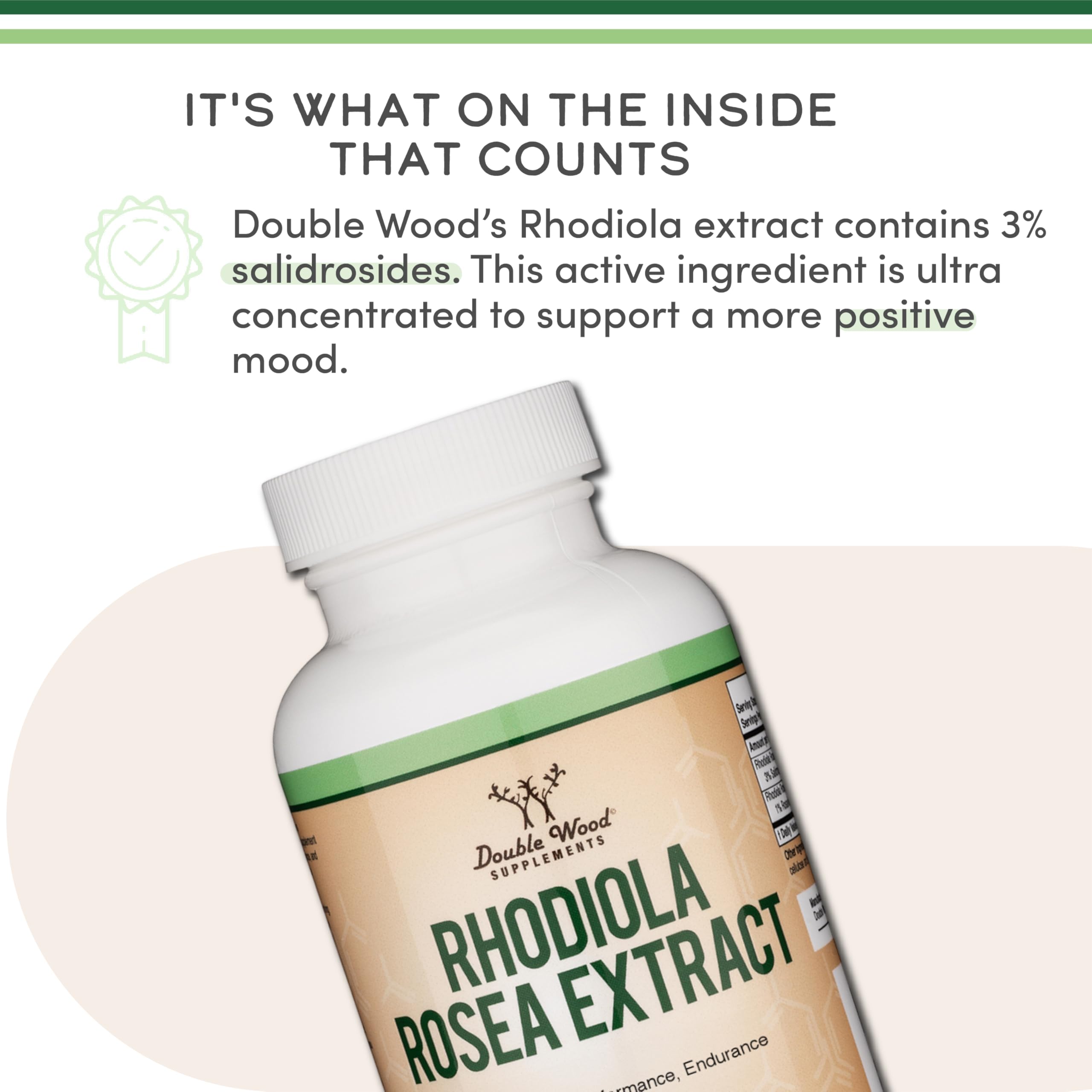 Double Wood Rhodiola Rosea 500mg USA-made badge on label signaling quality.