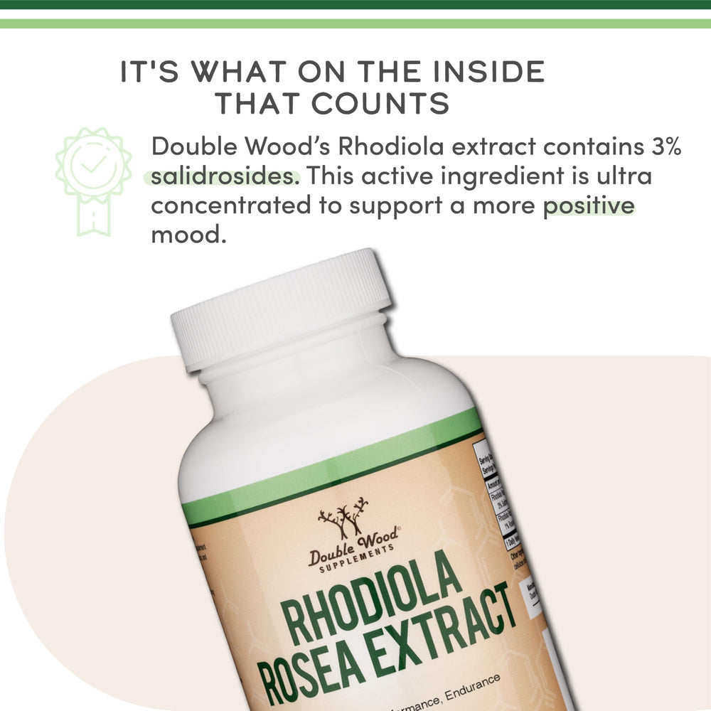 Double Wood Rhodiola Rosea 500mg USA-made badge on label signaling quality.