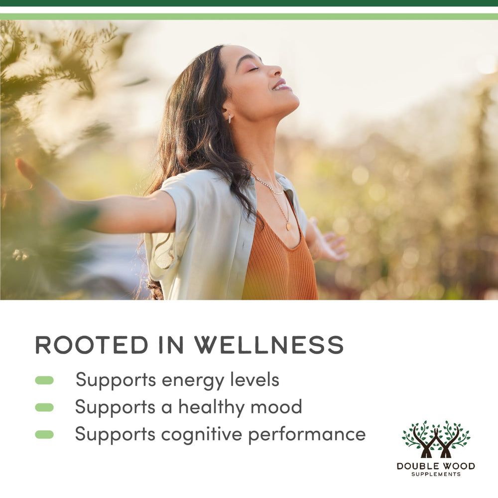 Double Wood Rhodiola Rosea 500mg gluten-free vegetarian capsules.