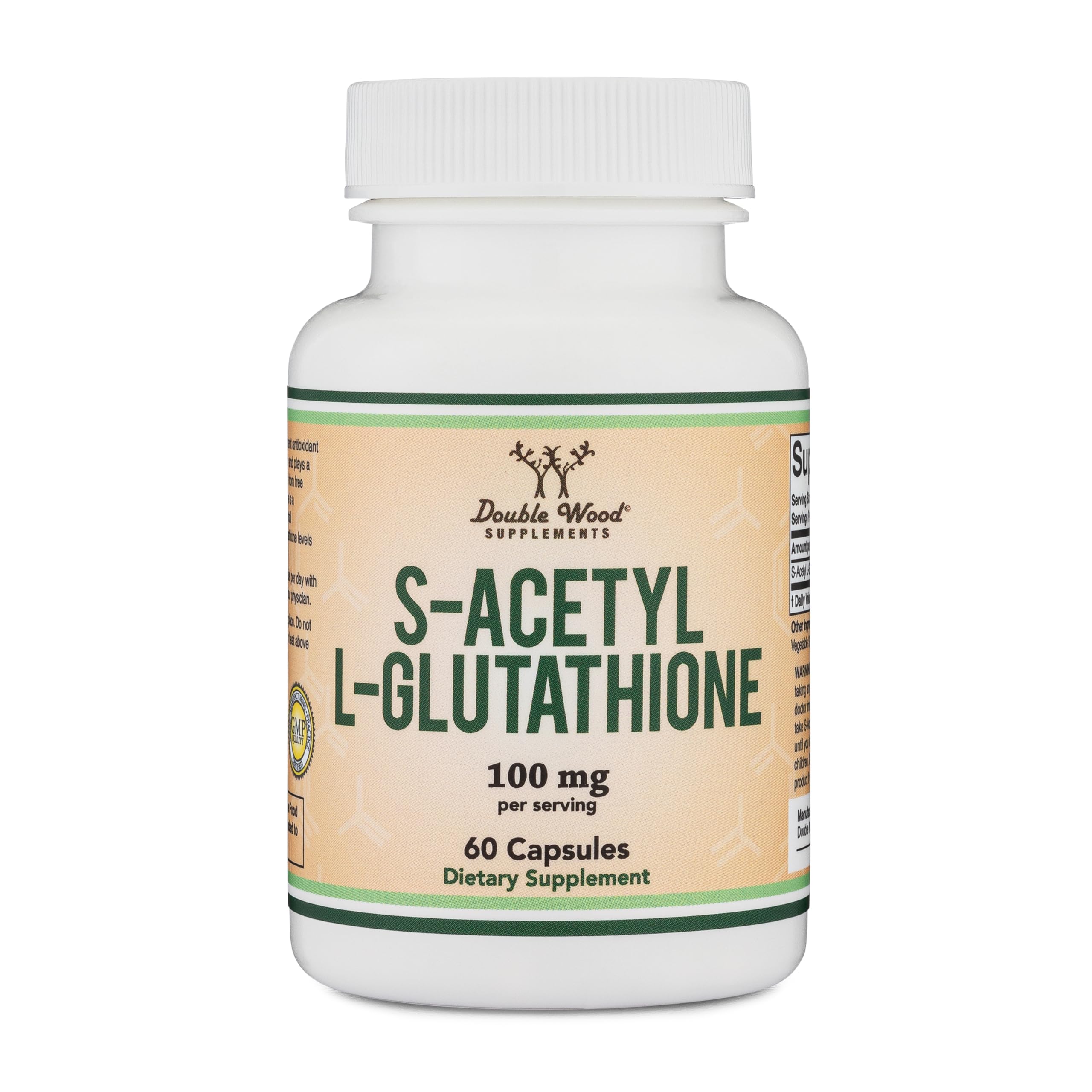 Double Wood S-Acetyl L-Glutathione bottle offering convenient antioxidant support
