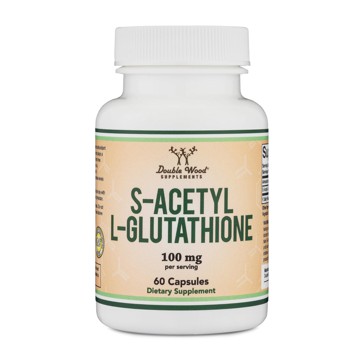 Double Wood S-Acetyl L-Glutathione bottle offering convenient antioxidant support