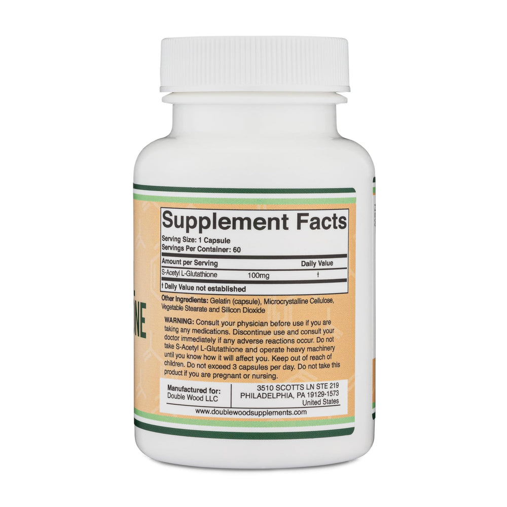 Double Wood S-Acetyl L-Glutathione capsules spilling from bottle for easy daily intake