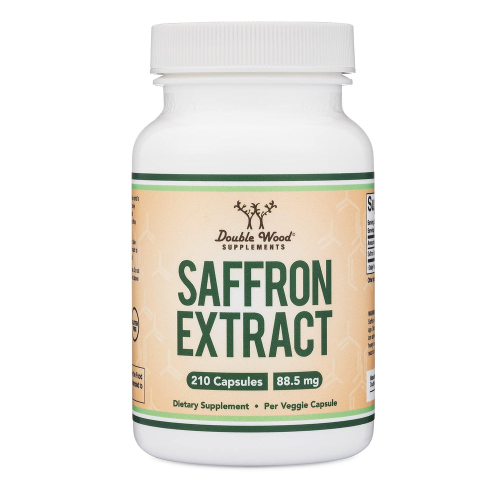 Double Wood Saffron label highlights quality sourcing and vegan capsule.