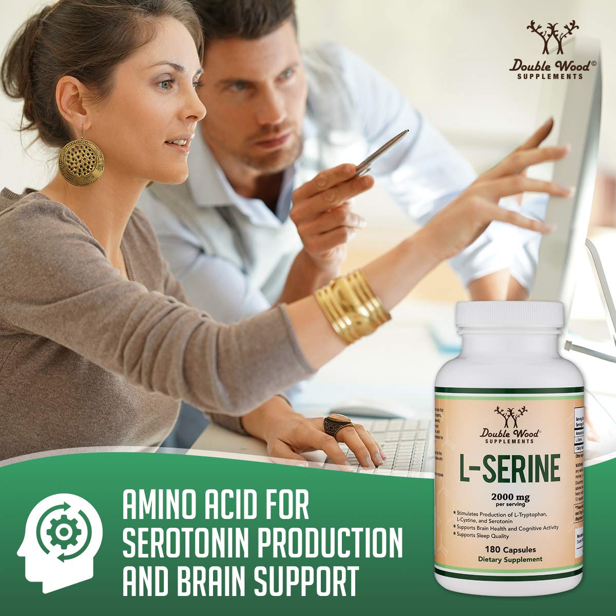 Double Wood L-Serine glass bottle on table for easy routine