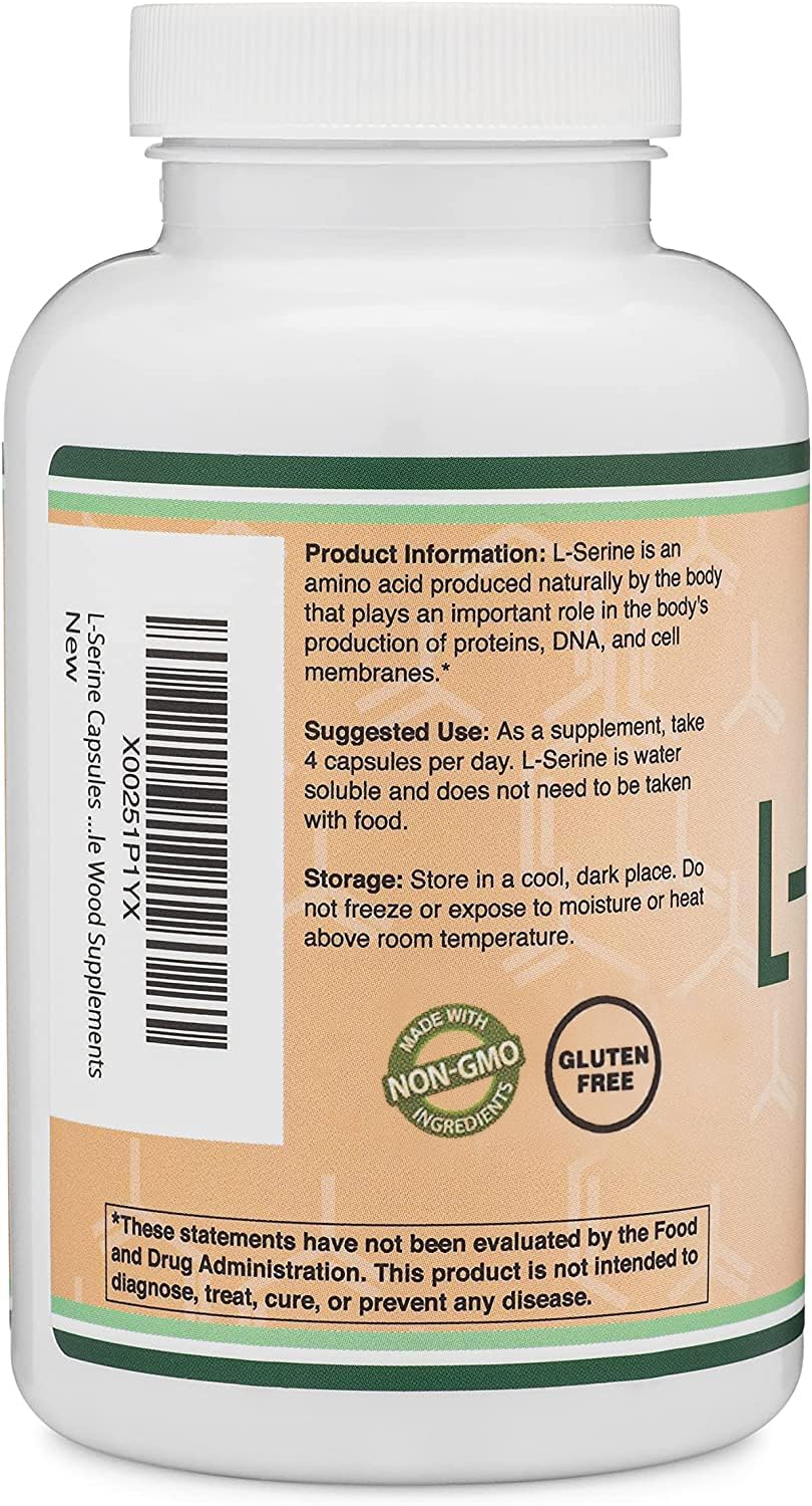 Double Wood L-Serine label art highlighting USA-made, third-party tested quality