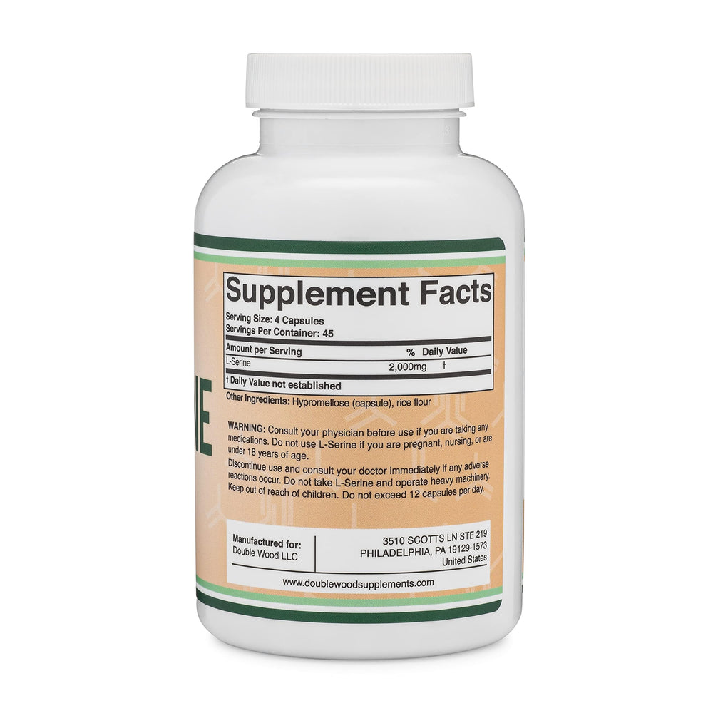 Double Wood L-Serine serving size visual showing 2,000 mg per serving