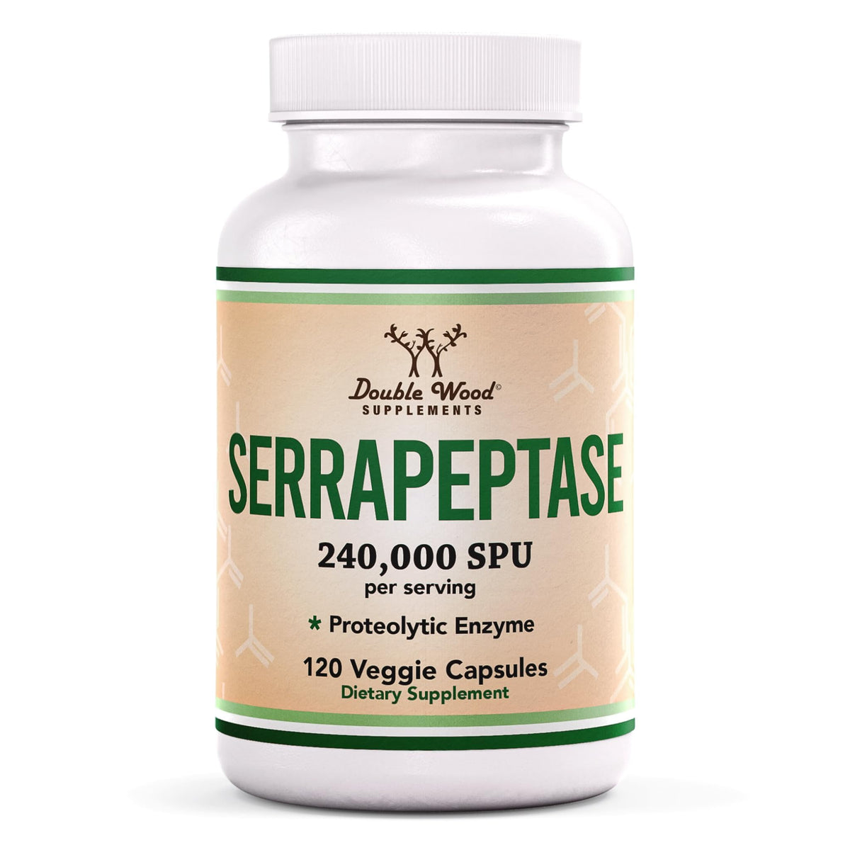 Double Wood Serrapeptase bottle front showcases 240,000 SPU potency for daily use.