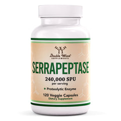 Double Wood Serrapeptase bottle front showcases 240,000 SPU potency for daily use.