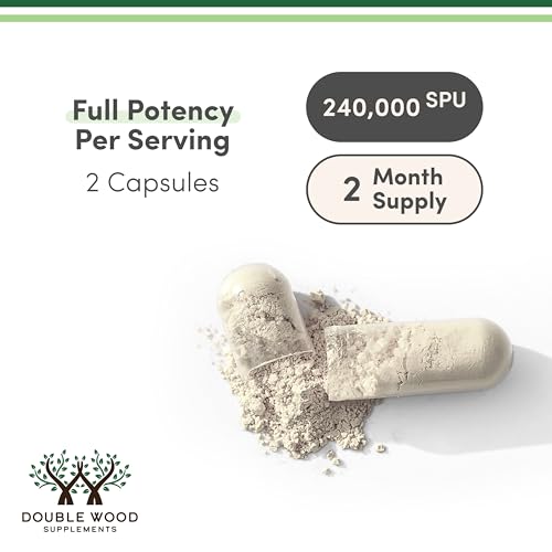 Double Wood Serrapeptase bottle label closeup confirms non-GMO and gluten-free notes.