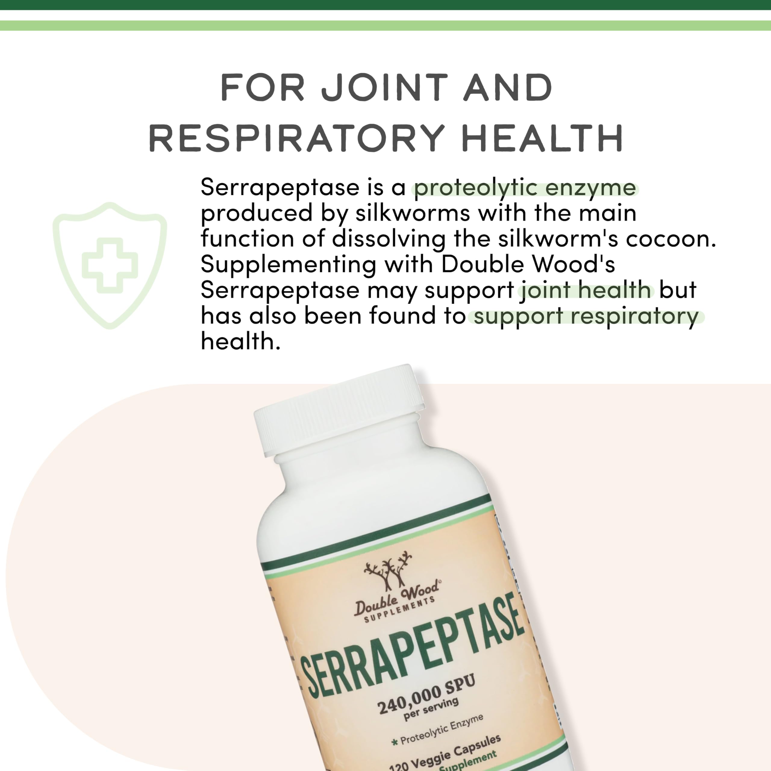 Double Wood Serrapeptase packaging highlights 240,000 SPU potency on the box.