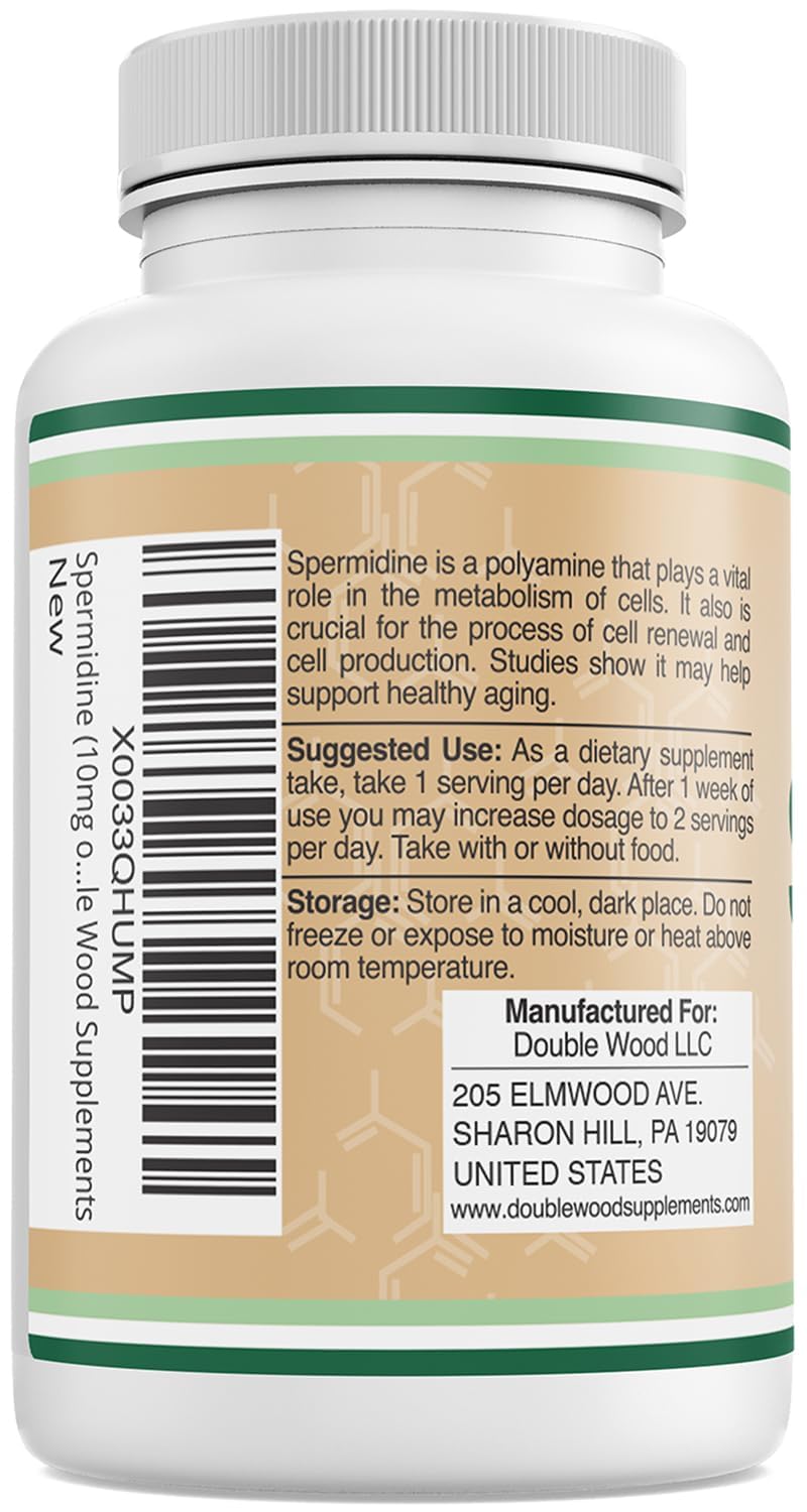 Double Wood Spermidine bottle-label shows 99% purity and testing.