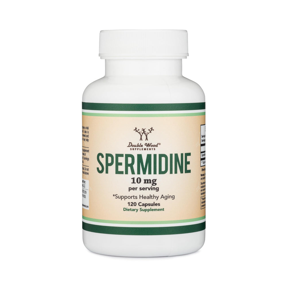 Close view of supplement facts panel confirms spermidine content transparency.